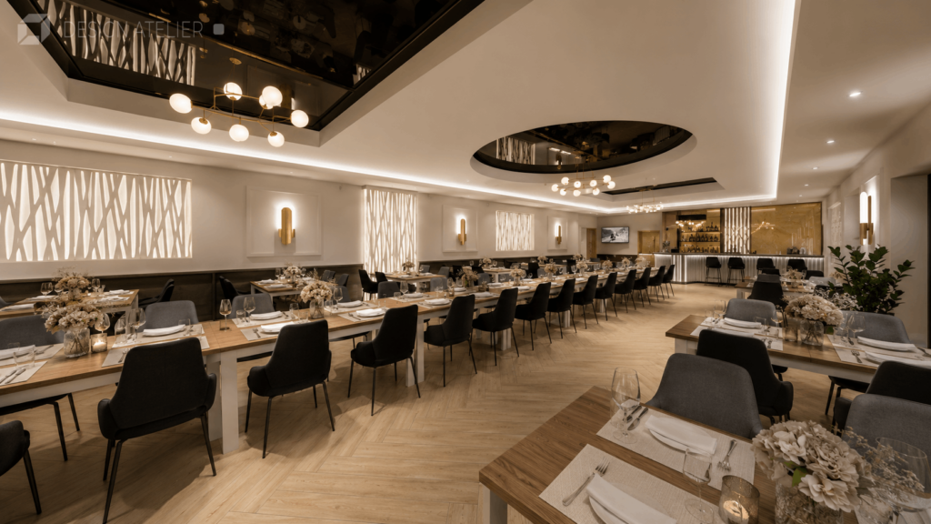 Elegancka restauracja z drewnianymi stołami, czarnymi krzesłami i dekoracyjnym oświetleniem